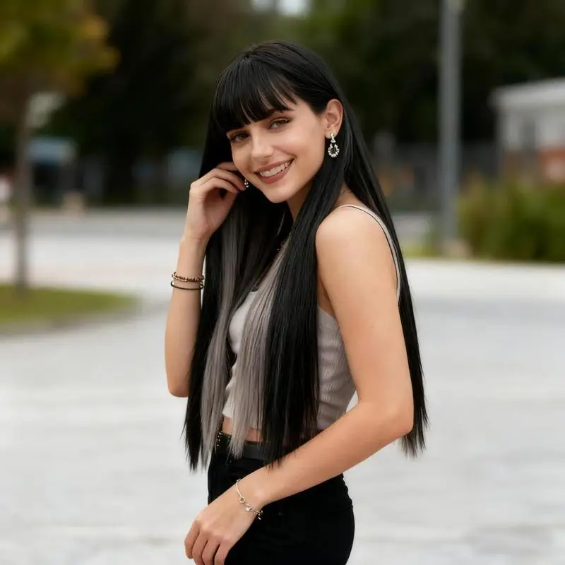Two-Color Gradient Air Bangs Long Straight Hair Women'S Wig Personalized Fashion Outdoor Travel Party Head-Wearing Synthetic Wig