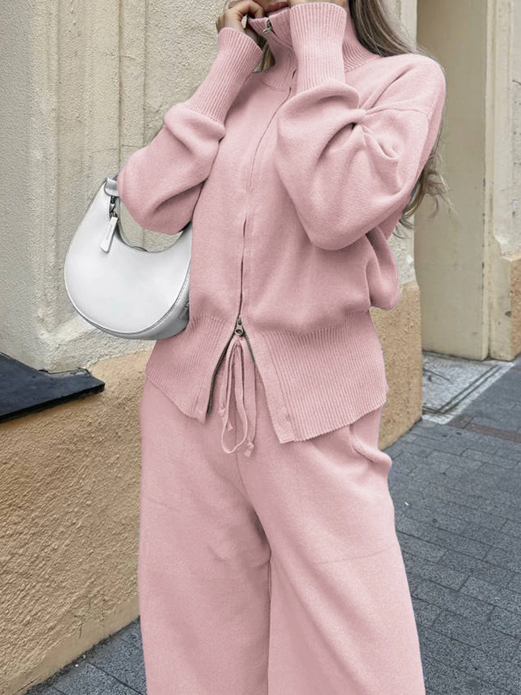 

Blubelle Women's New Knit Zip Up Cardigan Wide Leg Pants Set Soft Fabric Cropped Elastic Waist Autumn Winter Fashion Sweater