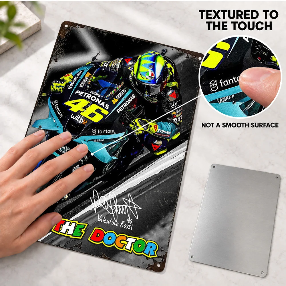 Valentino Rossi Motorcycle Racing Textured Metal Poster Personalized Aluminum Sign Selective Color Photo Wall Art For Game Room