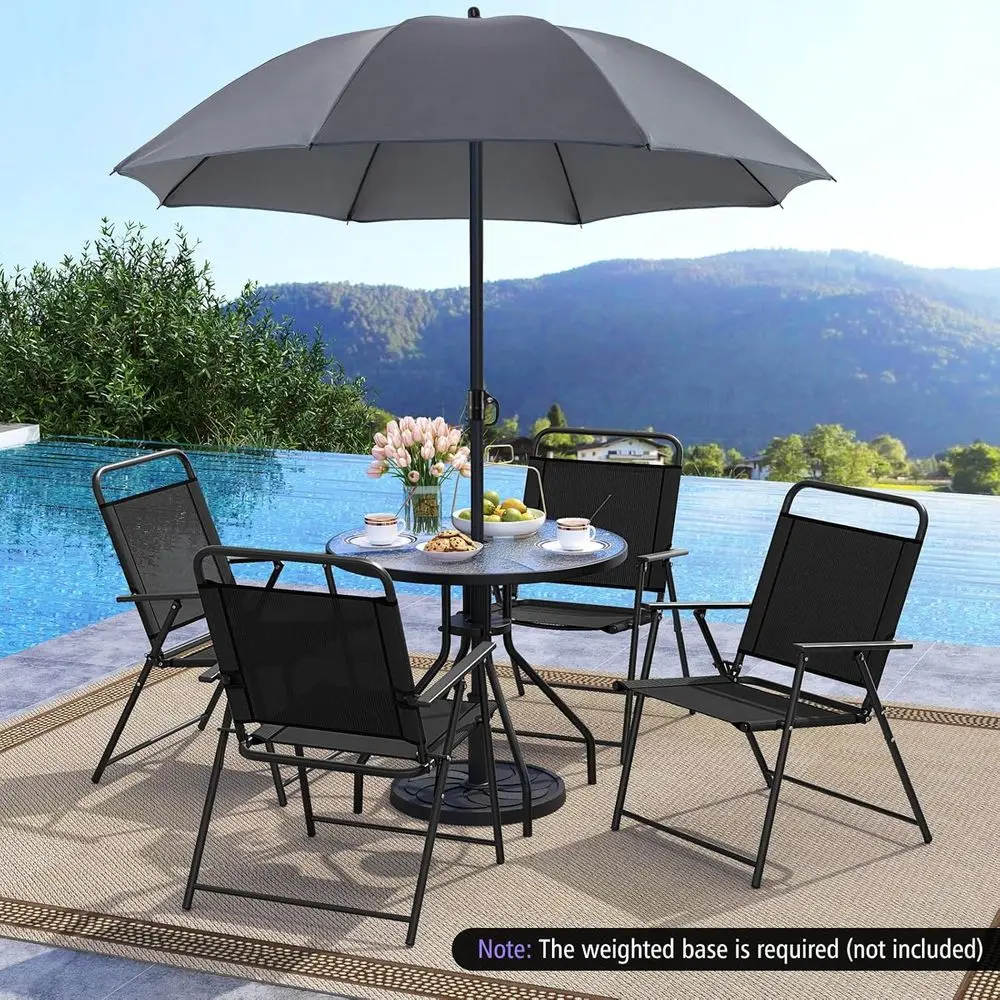 6-Piece Outdoor Patio Dining Set with round glass table, 4 folding chairs, and umbrella