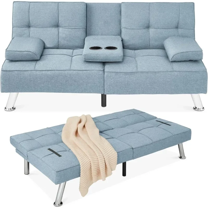 ZHENXIANG Linen Modern Folding Futon, Reclining Sofa Bed for Apartment, Dorm W/Removable Armrests, 2 Cupholders - Aqua