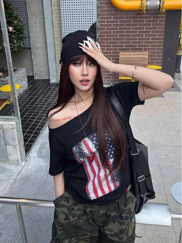 American Style Spicy Girl Black Asymmetrical Shoulder Short Sleeve T-Shirt Women Summer New Loose Versatile Lazy Sexy Shoulde...