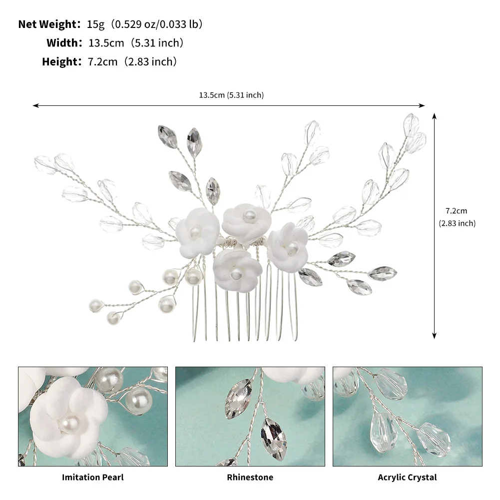 Elegante weiße Polymer Clay Blumen Damen Haarkämme Mode Kristall Perle Haarnadeln Braut Hochzeit Kopfschmuck Schmuck – Detail 2