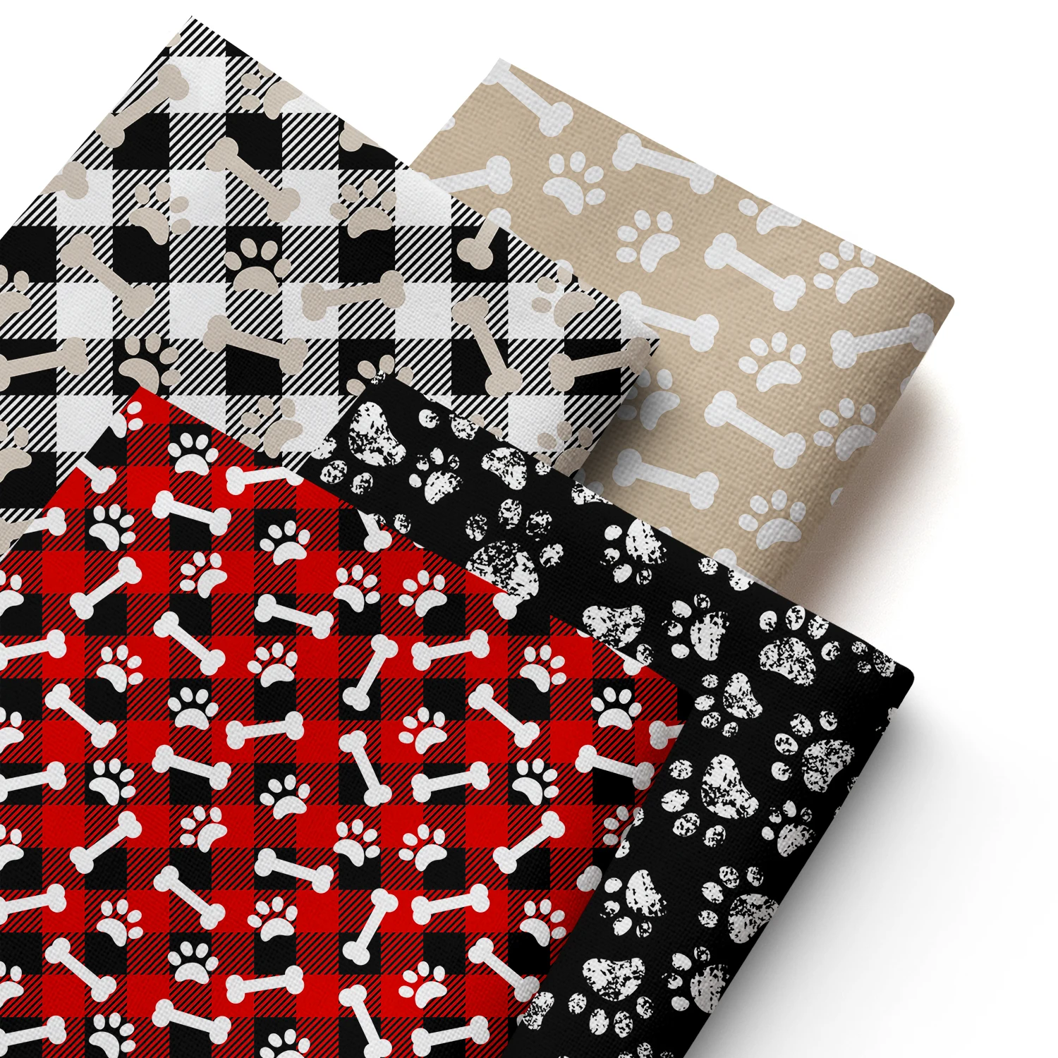 Pre-cut 4pcs/set Dog Footprint Polyester Fabric Bundle,17.71x19.68inch Precut Fabric, Dog Foot,Bone,Plaid Designs Printed