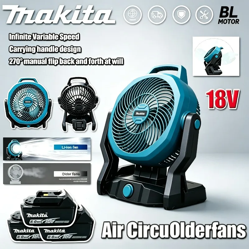 

Makita Camping Outdoor Fan–Rechargeable Air Circulator, Perfect for Tent & Jobsite with 360° Rotating Head Electric Fan Cordless