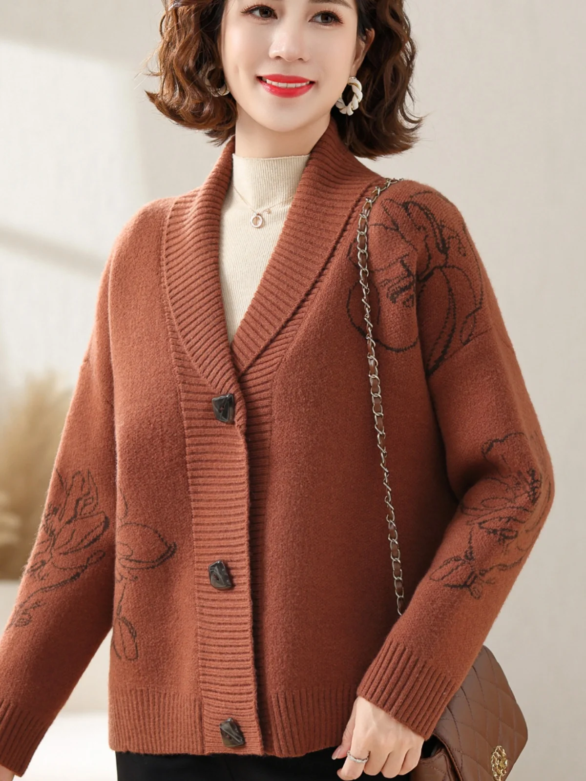 

Sli зимний открытый кардиган для женщин среднего возраста плюс размер модная верхняя одежда V-Ne Thiened Jaet с большим цветочным узором