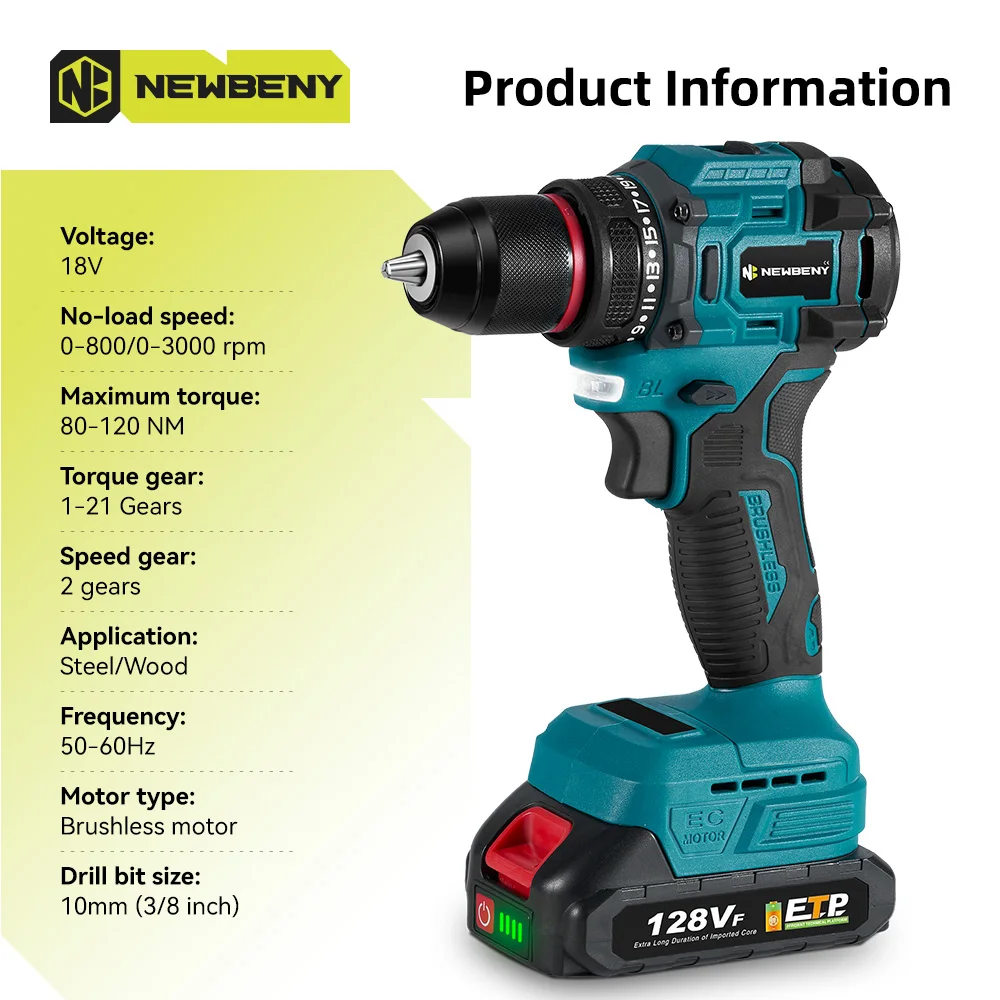 NEWBENY 10MM Brushless Electric Impact Drill 21 Gears Cordless Multi-Screwdriver Home Power Tools Sets For Makita 18V Battery