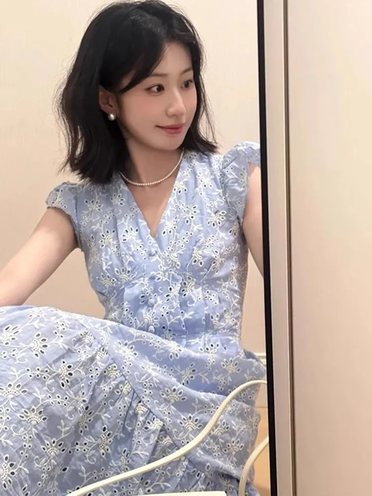 Floral Print V-Ne Dr Women's Summer New Gentle Sle Fly Sve Waist Cinching Slimming Long Dr French Sle Embroidery