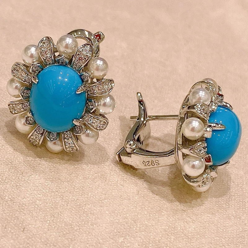 

KQDANCE Solid 925 Silver Snthetic White Pearl Egg Cut Blue Turquoise Earrings Clips Gold Plated Fine Jewelry For Women