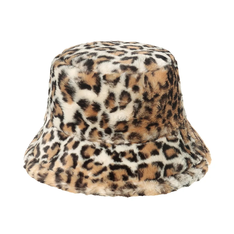 Winter Bucket Hat Women\'s Fashion Leopard Panama Warm Hats Female Vintage Faux Fur Fisherman Cap Hats For Women Dropshipping