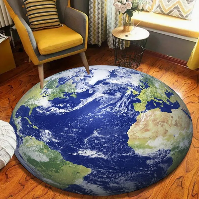 Creative Earth Pattern Round Rug 3D Visual Effect Planets Print Carpet Modern Home Decor Soft Non-Slip Floor Mat for Living Room