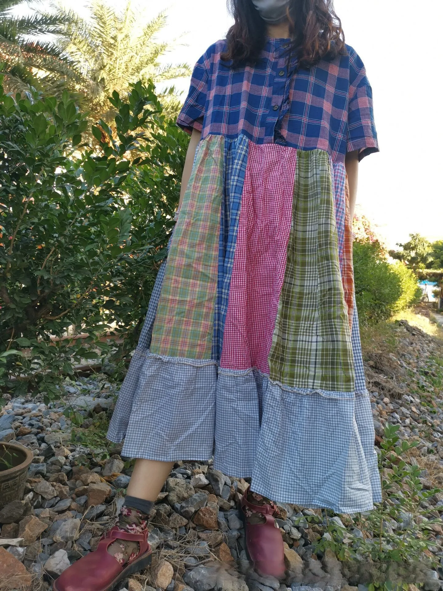 Summer Ethnic Style Patchwork Plaid Patterned Cotton Large Edition Short Sleeved Retro Dress