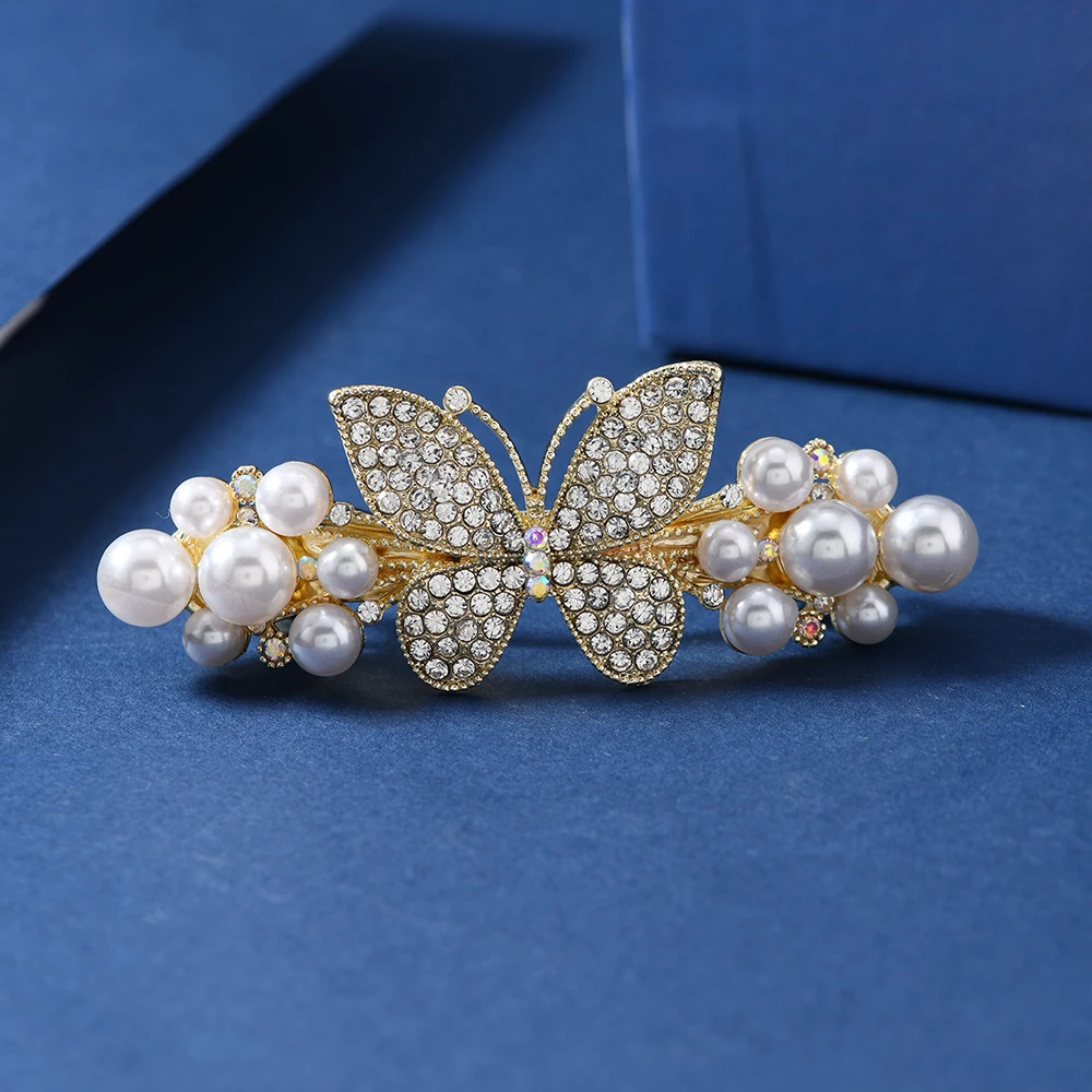 

Elegant hair clip, novel rhinestone pearl butterfly spring clip, rhinestone side clip, ladies' hair accessory, hair accessory