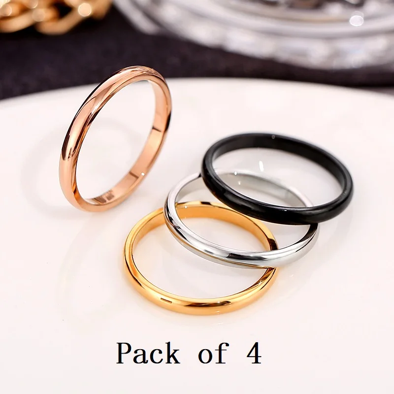 Pack of 4 2mm Small Mini Girl Women Rings Black Rose Gold Color Stainless Steel Simple Fashion Jewelry size 3 4 5 6 7 8 9 10