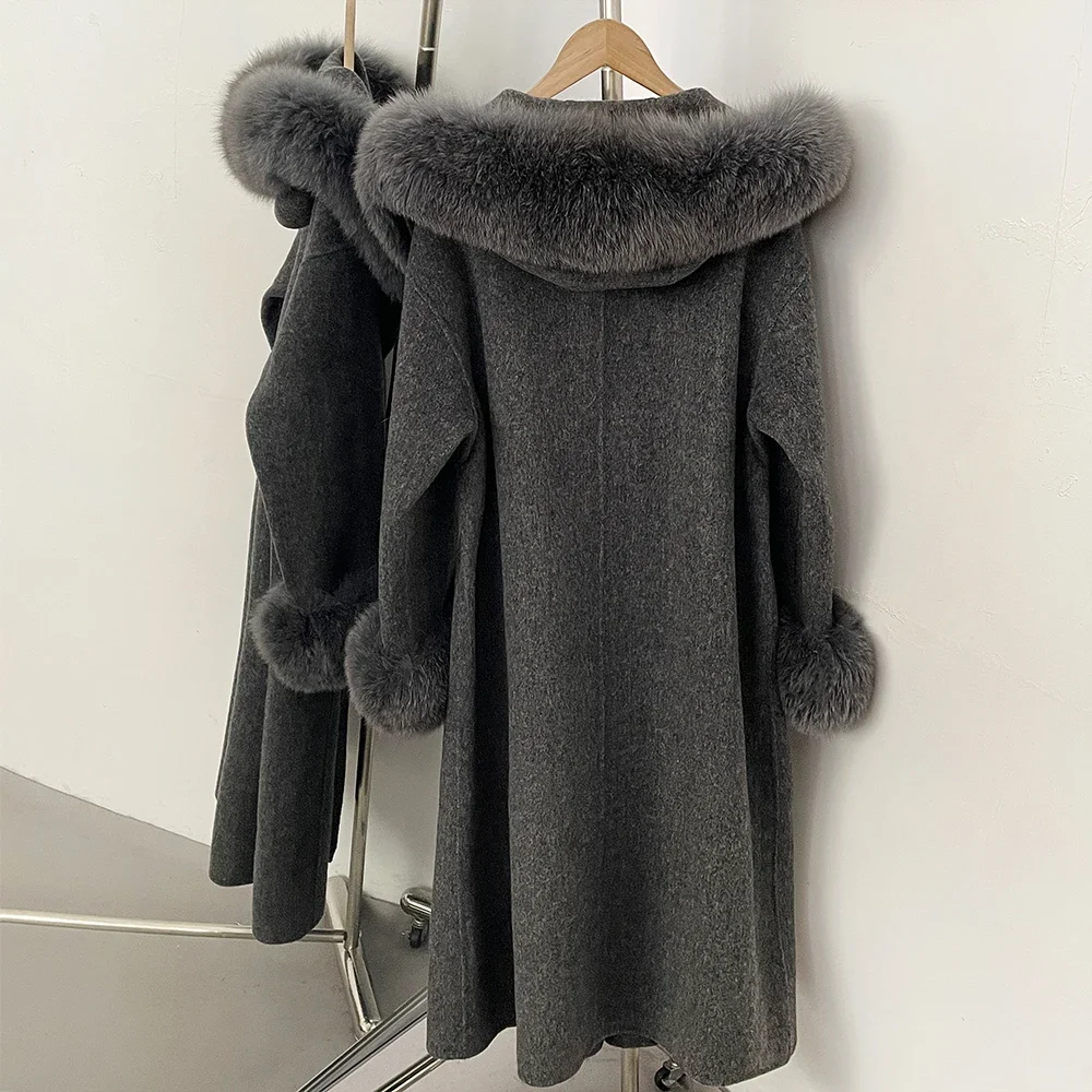 OFTBUY New Winter Warm Hood Solid Woolen Overcoat for Women Long Wool Blend Coat Women Real Fox Fur Belted Waist Jacket Female