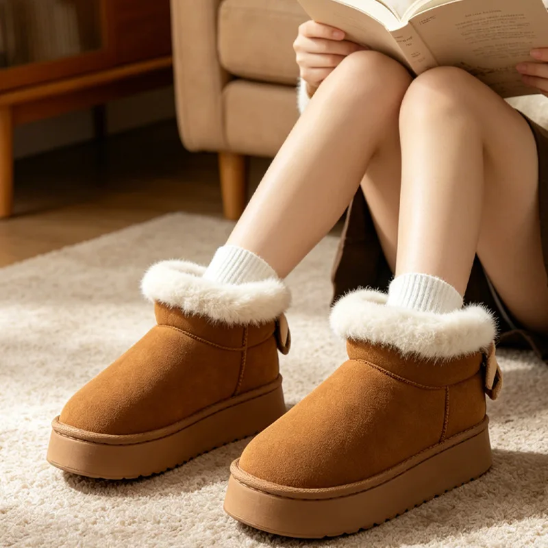 Women Cute Bow Decor Winter Snow Boots Plush Furry Lined Ankle Booties Thick Platform Sole Warm Soft Shoes Trendy Daily Footwear