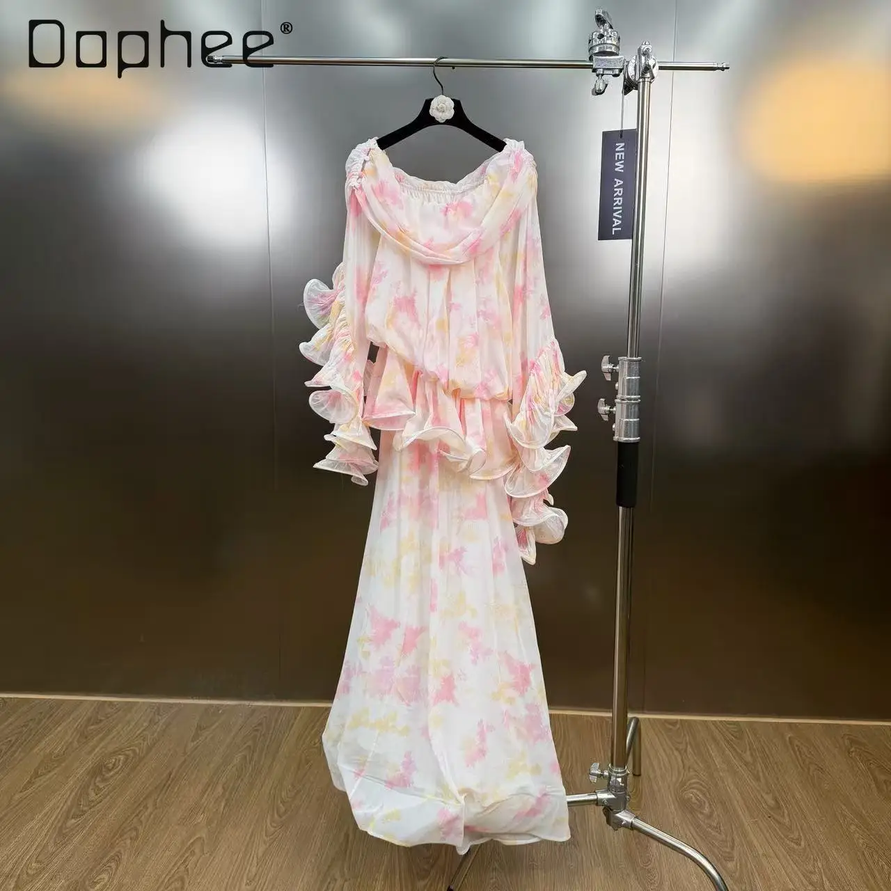 

Spring 2026 New French Elegant Ruffled Chiffon Ins Retro Floral Slimming Dress Fairy Style Long Sleeve High Waist Long Dresses