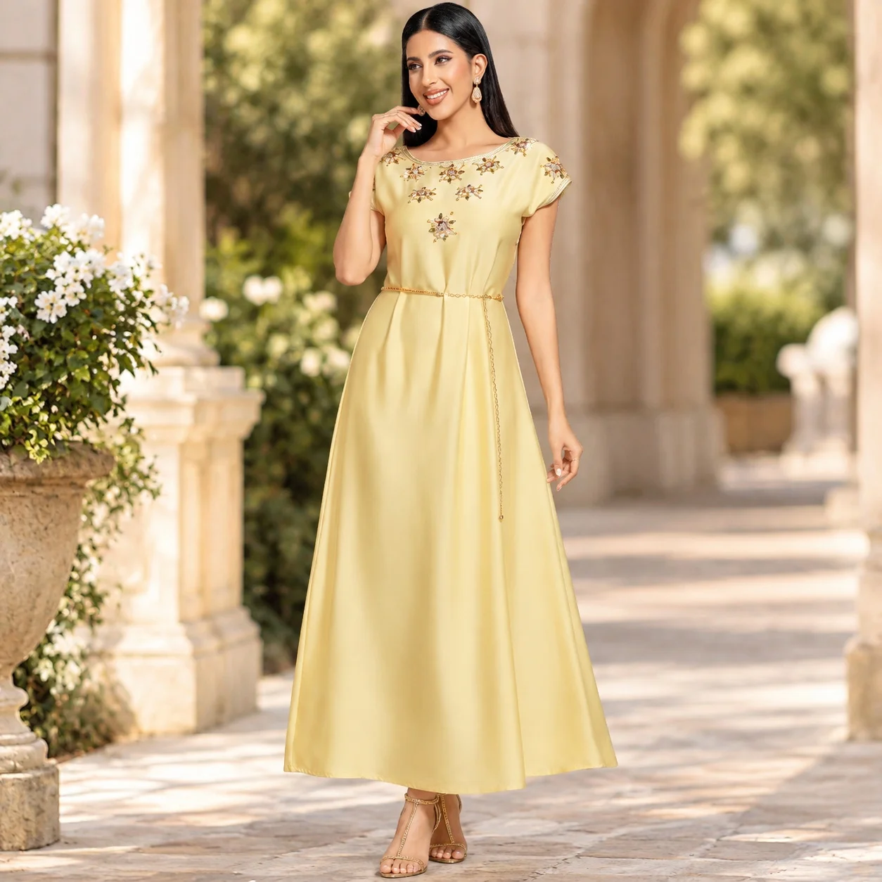 Short Sleeve Hand Finished Dresses a Line Luxury with Regular Sleeve Maxi Length Casual Slim Fit One Dress Summer for Women