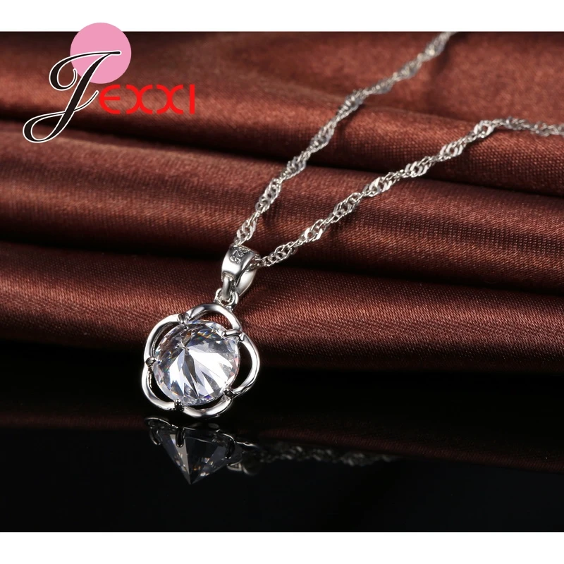 Classic 925 Sterling Silver African AAA Crystal Rose Flower Pendant Neckalce Drop Piercing Earrings Set Summer Fine Jewelry