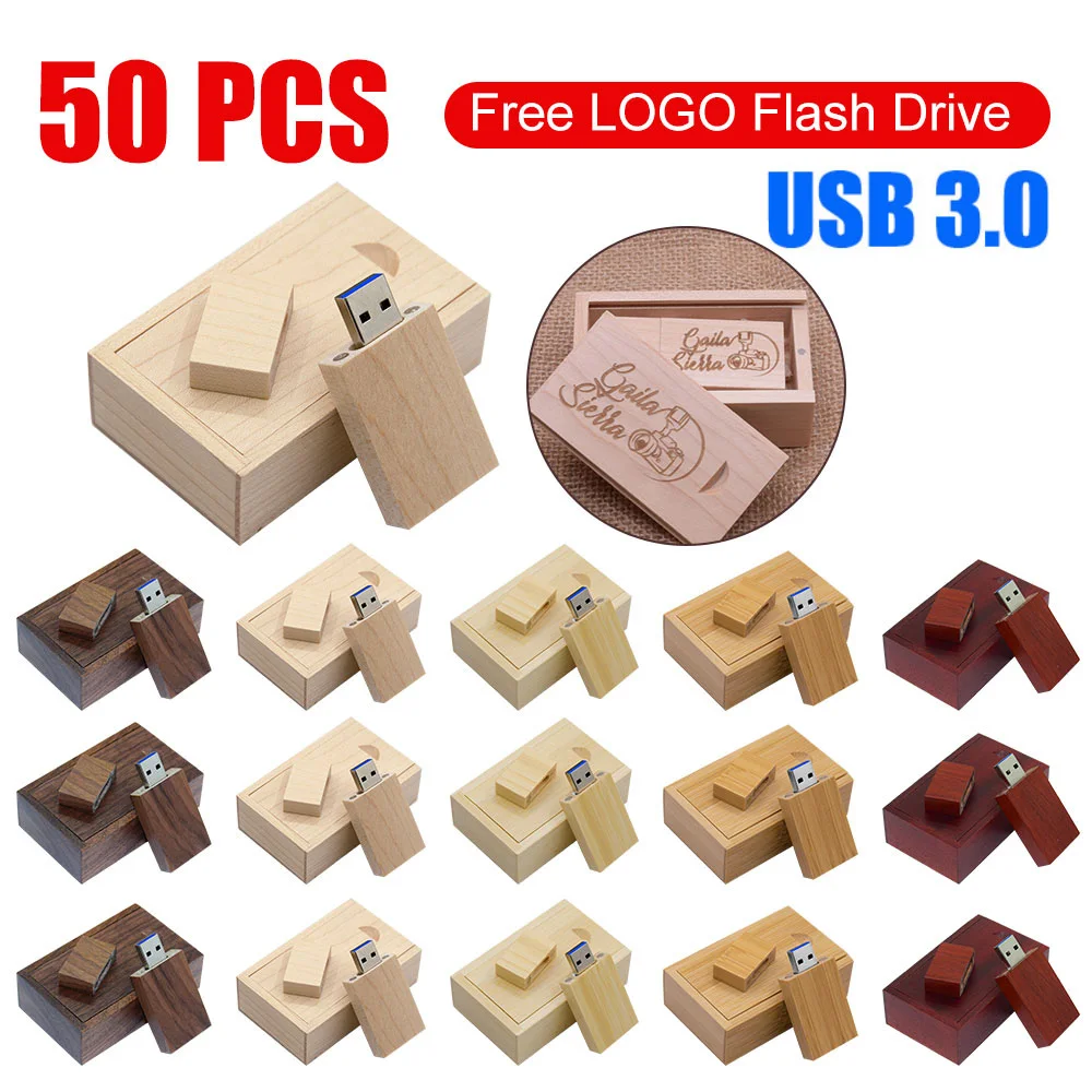 50PCS LOT Pen Drive3.0 128G Free Laser Logo USB Flash Drive 64GB Creative Wedding Gift Cle Memory Stick 32GB 16GB 8GB Bamboo Box