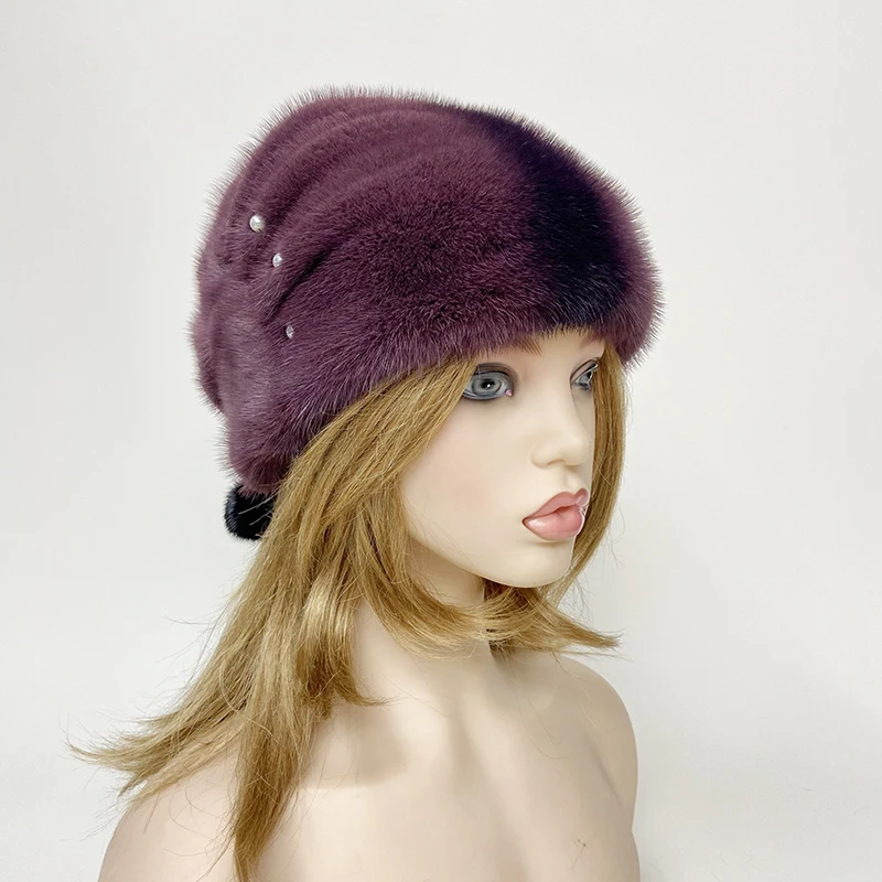 Black Women New Pear  Hat Natural Mink Fur Luxury Winter Warm Balls Russian Beanie Hats