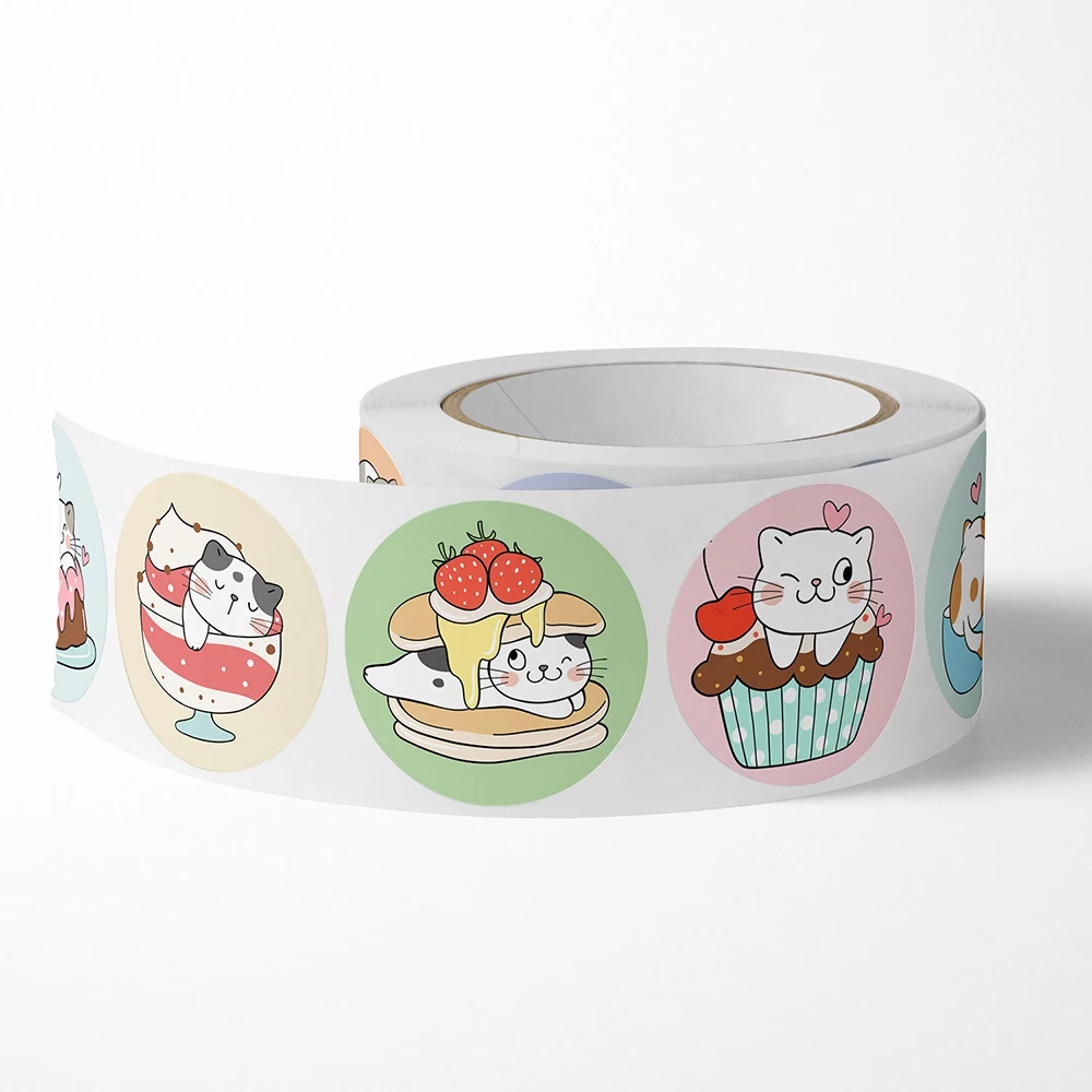 100-500pcs 만화 고양이 스티커 어린이를위한 라운드 접착 라벨 어린이 교사 상금 비즈니스 선물 포장 장식 스티커