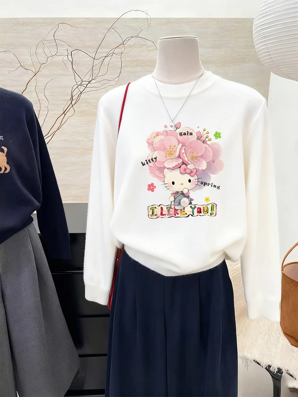 

Kt Flower Print round Ne Long Sve Knitted Sweater Women's Autumn Winter Warm Loose Top American Sle Polyester Fiber