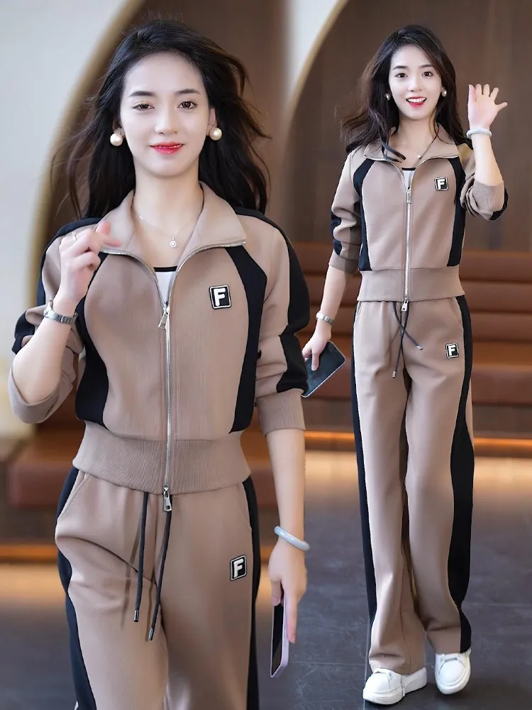 New Fashion Autumn Women Outdoor Zipper Turn Down Collar Jacket Fitness Patchwork Two Piece Running Set Wide Leg Pants Tracksuit