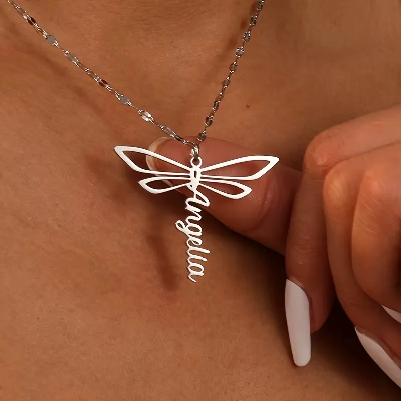 Personalized Dragonfly Pendant Necklace with Engraved Name Stainless Steel Bohemia Jewelry Perfect Birthday Valentine's Gift