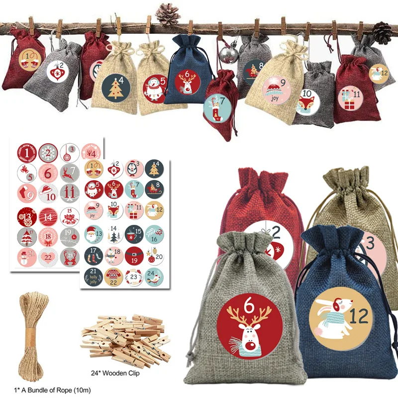 Christmas Gift Hanging Bag Advent Calendar Number Pendants 24 Stitching Home Linen Bag Set Decoration Christmas Advent Calendar