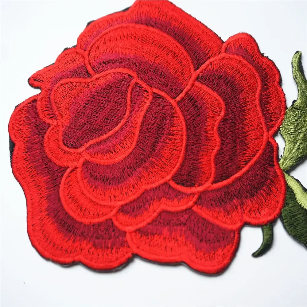 32CM Red Rose Leaves Sew Iron On Patches Embroidered Flowers Badges For Clothes DIY Appliques Craft Decoration