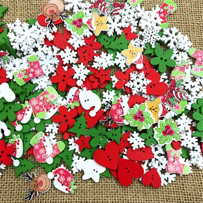 50PCS DIY 2 Holes Wooden Buttons Wood Christmas Decorative Cartoon Handmade Scrapbooking for Craft Supplies Sewing Accessories