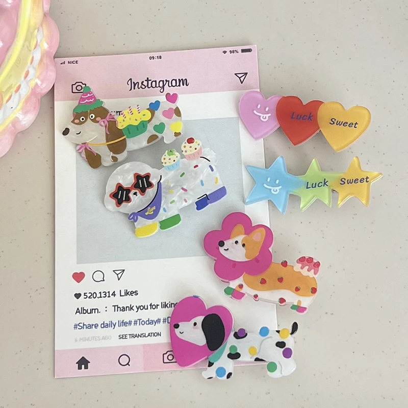 Horquilla de perro de dibujos animados, Clip de pico de pato, corazón, estrella, flequillo acrílico, Clip de pelo roto, accesorios para el cabello que combinan con todo