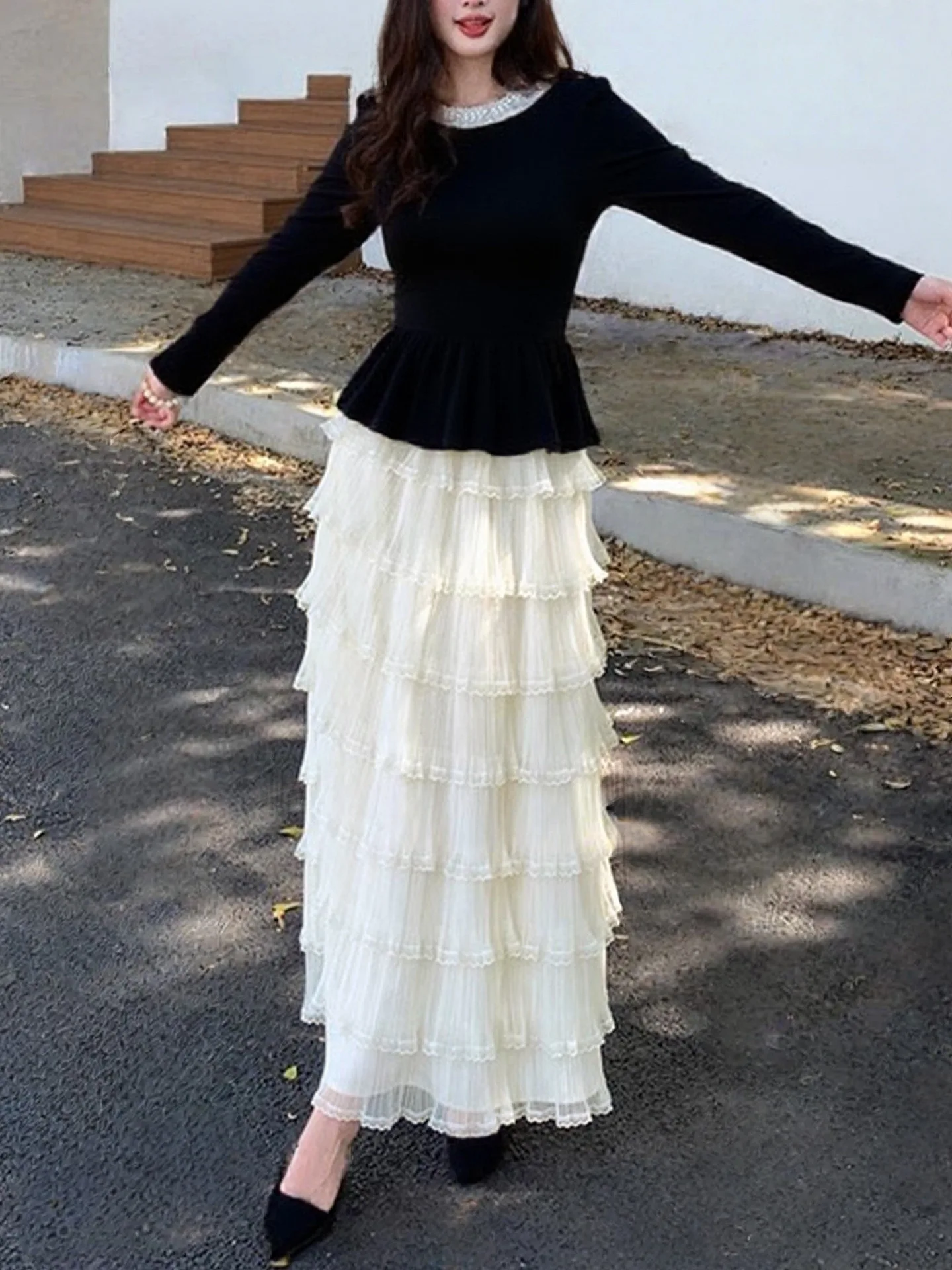New Solid High Waist Women A-Line Pleated Tulle Skirt Mid-Length Lace Paneling Puffy Netting Half Skirt Fresh Sweet Fashion