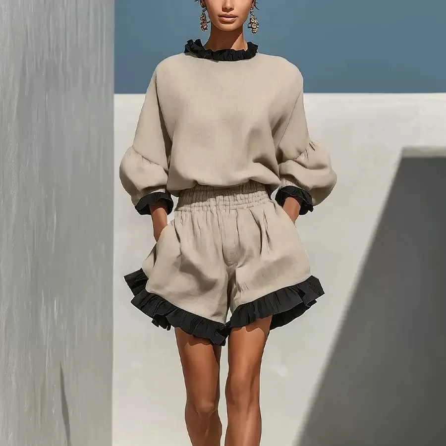 Casual Shorts Beige With Black Women's Matching Sets 2 Pieces Set For Woman High Waist Ruffle Trim Short Pants Two Piece Set