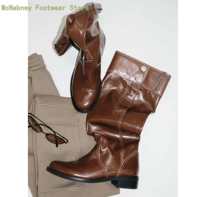 

Round Head Knee-High Boots Chunky Heels Thick Sole Knight Boots Slimming Big Boots British Style Wrinkles Stacked Boots
