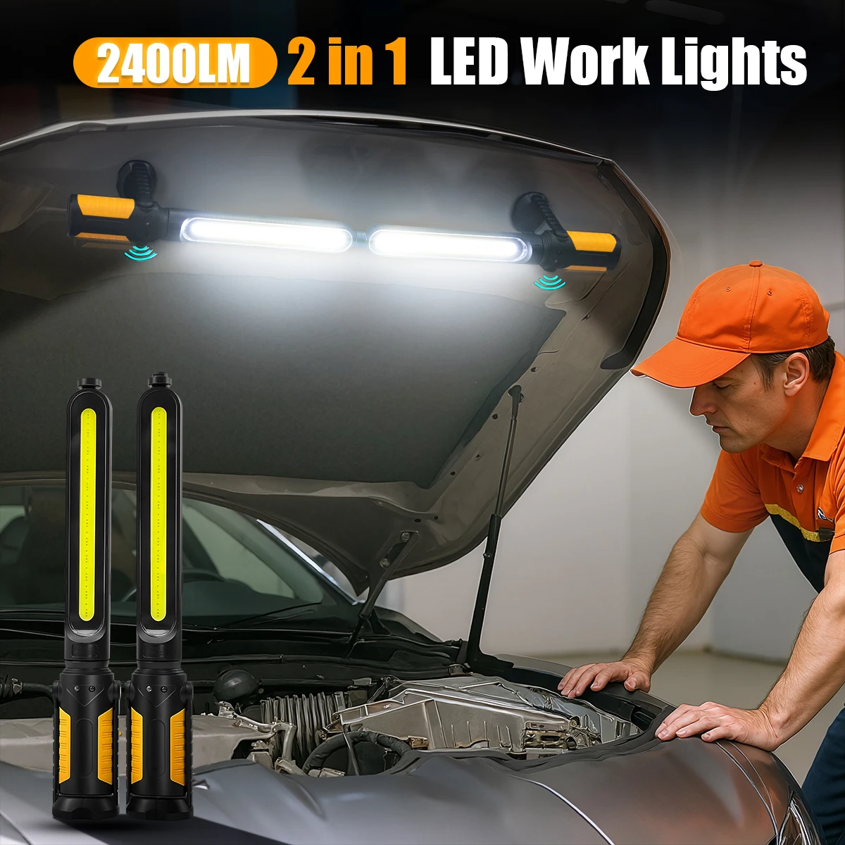 LED Work Light For Mechanic, 2400LM Ultra-Bright LED Floodlight, Work Light, With Semsor Cotrol And Hooks, 3 Light Modes