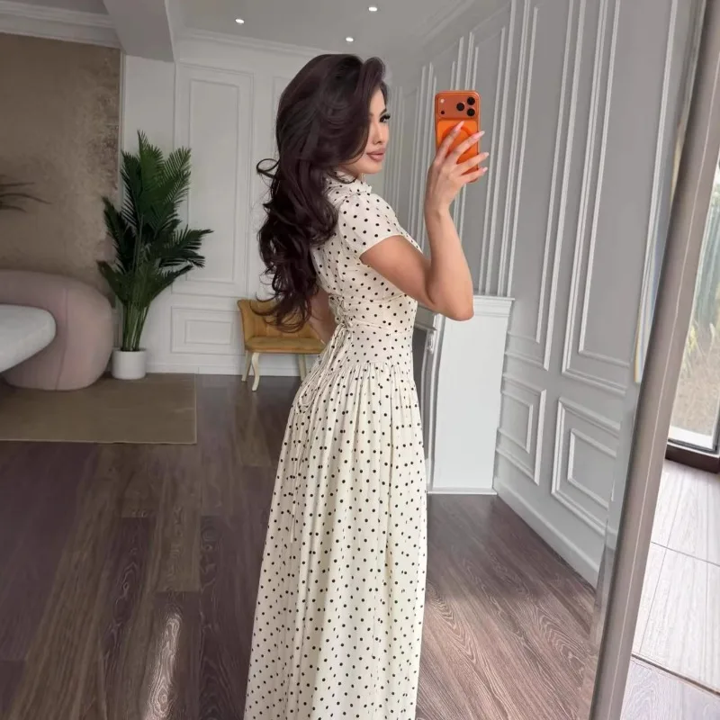Elegantes Französisches Retro Polka Dot Langes Kleid für Damen Schlüsselloch-Ausschnitt Tailliert Kurzarm Fließendes Maxikleid Hochzeitsgast Party Abendkleid – Detail 6