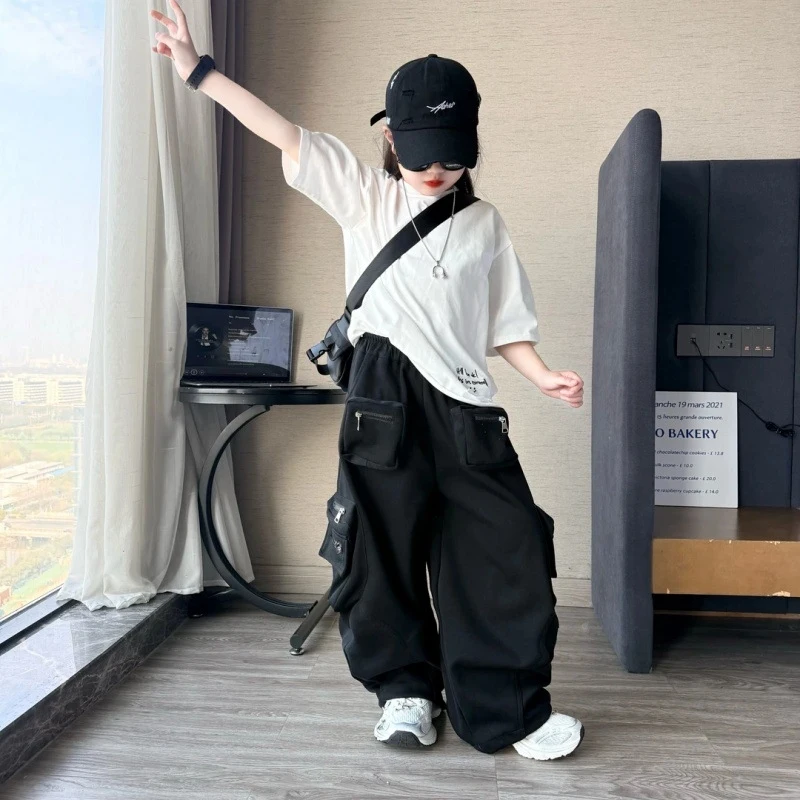 

Summer street dance style loose-fitting mid-sleeve clothing for boys and girlsTTrendy cool wide-leg cargo pants set for older ki