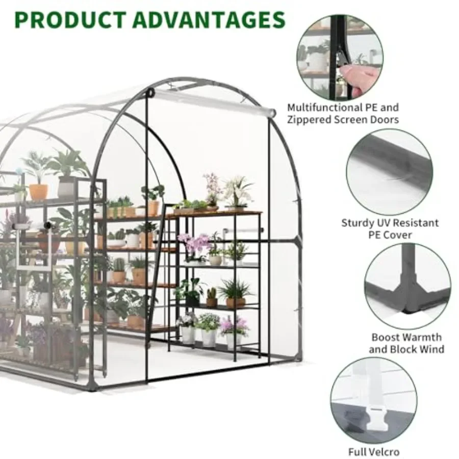 Large Walk-in Tunnel House for Garden Plants: Heavy Duty Galvanized Steel Frame, Black Mesh Door Windows, Roll-Up Zipper Door,
