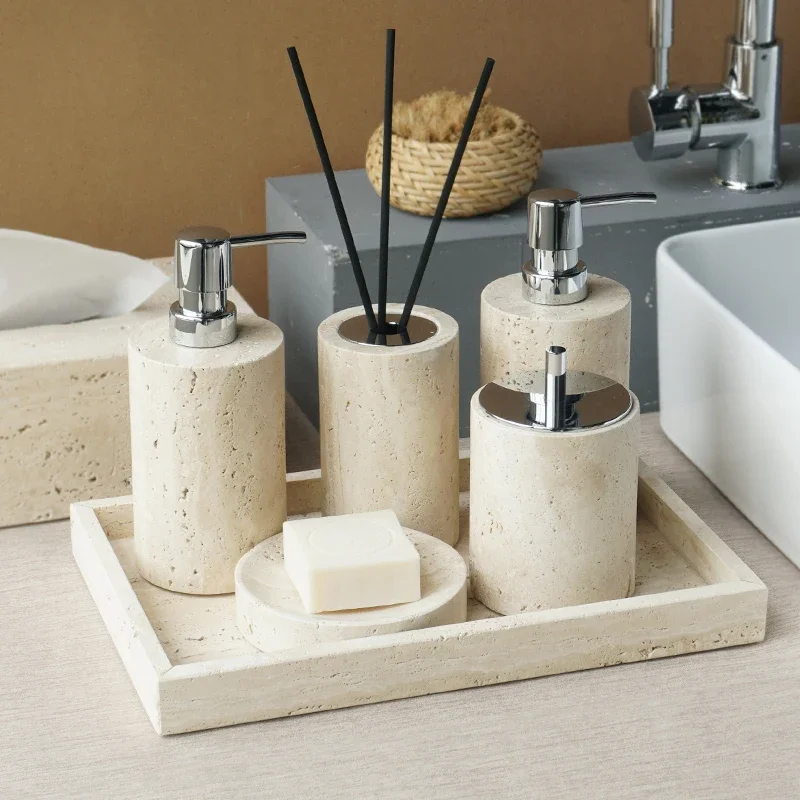 100% Natural Marble Beige Travertine Bathroom Accessories Set Soap Dispenser Soap Dish Diffuser Tray