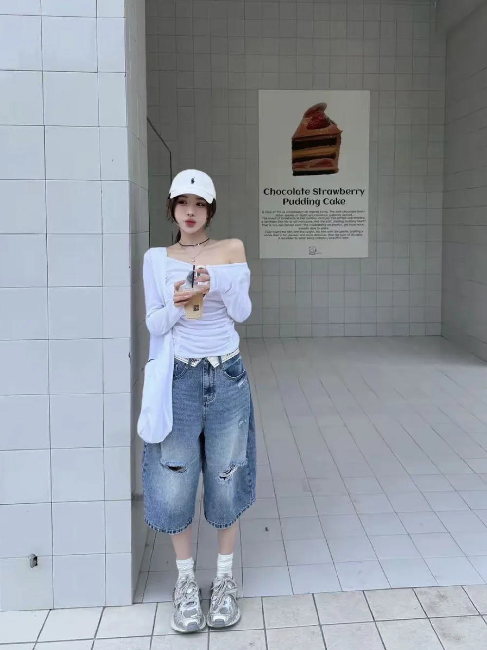 High Waist Distressed Seven-Five Denim Jeans Women's American Flip  Summer New Design Loose Wide Leg Mid-Pants