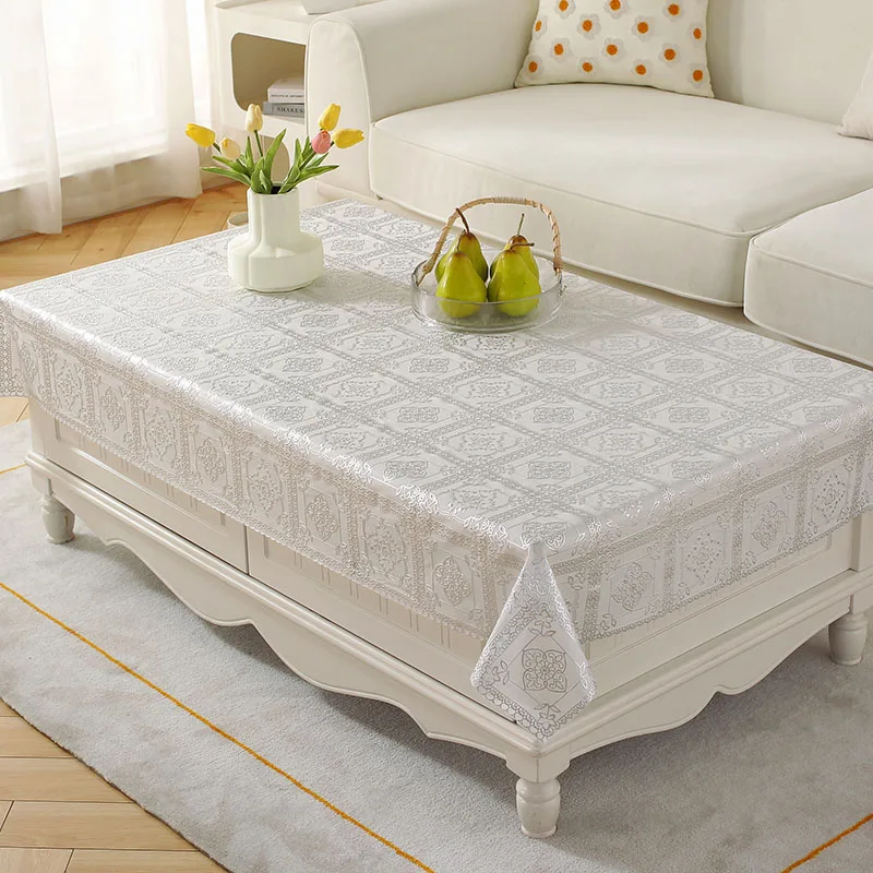 PVC Lace Tablecloth Waterproof Washable and Erasable Table Linen Tea Table Cloth Rectangular Table Cover Silvery