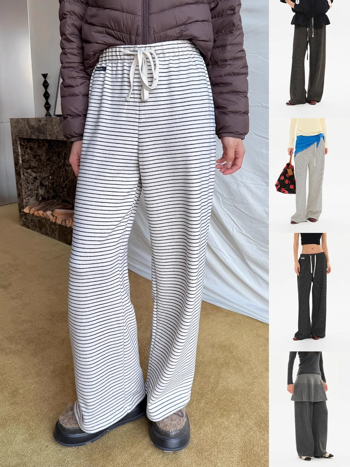 

MIMBLANCHE Brand Casual Spor Striped Long Pants High Waist Knitted Ladies Faion Autumn Season Pure Color