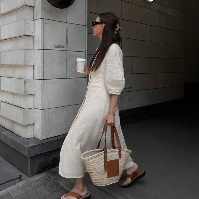 Sexy V-Neck Backless Long Dresses Summer Beige Puffy Three Quarter Sleeve Cotton Linen Casual Dress Women's 2024 Robe Maxi white