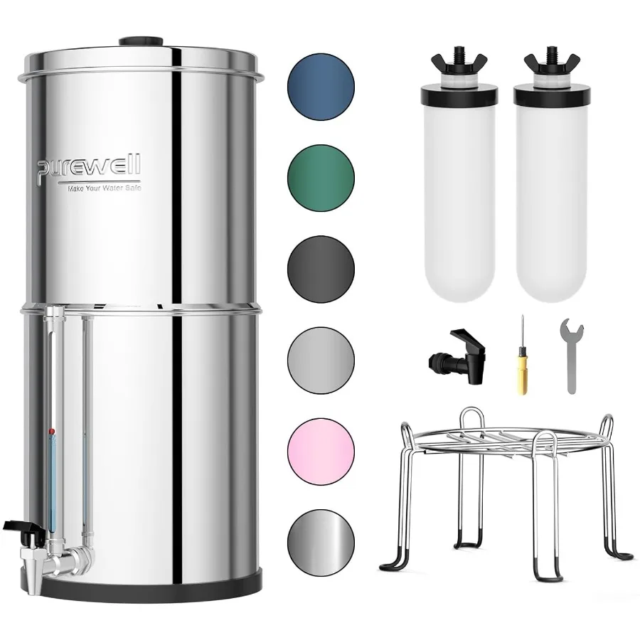 

3-Stage Gravity Fed Water Filter System 2.25 Gallon Stainless Steel Countertop with 2 Washable Ceramic Filters Metal Water Leve