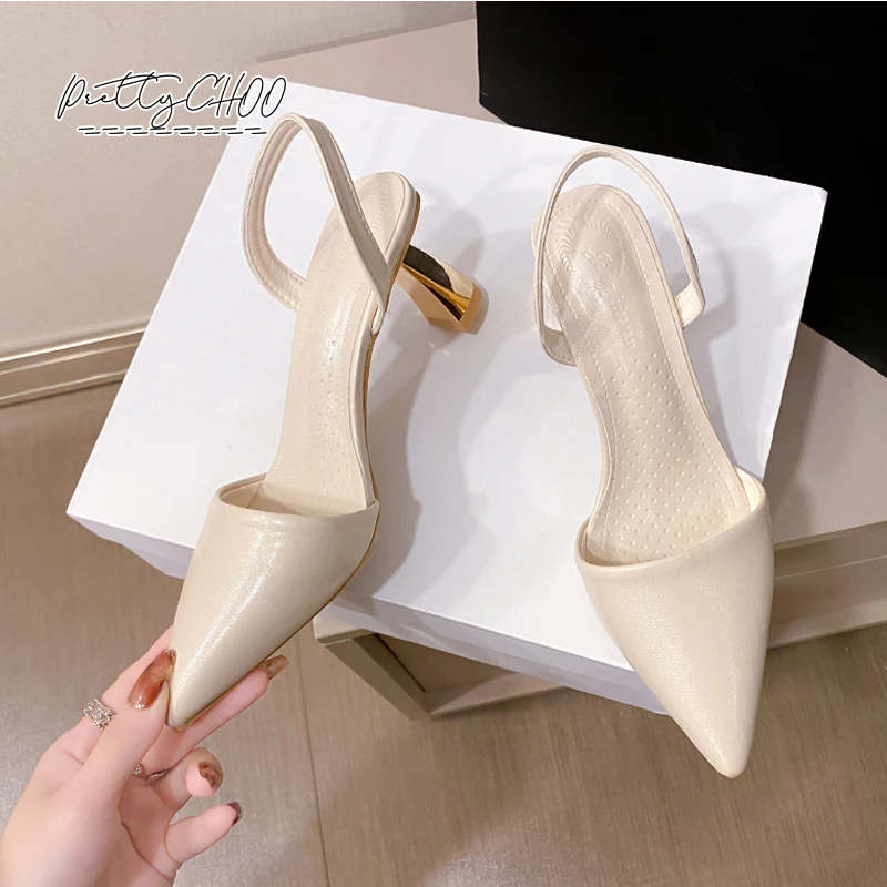 

Concise Comfort Cream White Slingback Sandals Woman Brand Design Pointed Toe Slip-on Dress Pumps Ladies Golden Golden Heel Shoes