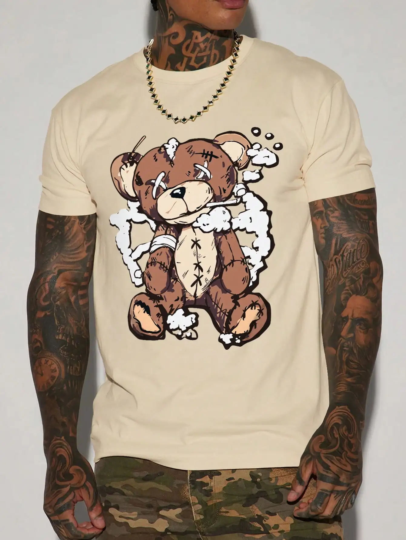 

Men's Distressed Bear Graphic Tee - Beige Short Sleeve Crew Neck Cotton T-Shirt