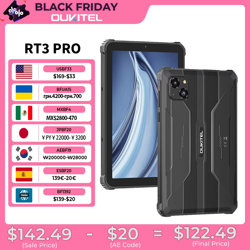 Oukitel RT3 PRO 배터리, 5150mAh, 16GB + 128GB, 8 인치 HD 디스플레이, 13.9mm 울트라 슬림 프로파일, IP68, IP69K, MIL-STD-810H