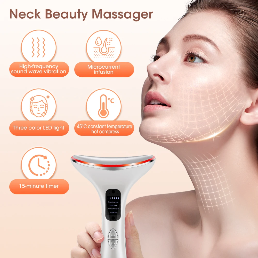 Appareil de beauté chauffant à micro-courant EMS, lifting du visage et du cou, photon LED, raffermissement, soins de la peau anti-déformable, masseur facial